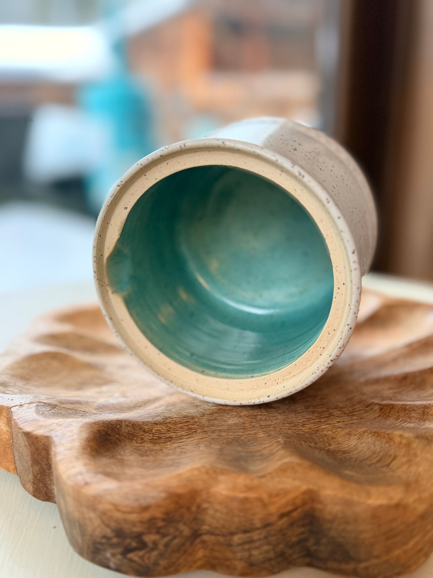 Carved Speckled Honey Pot- Aqua