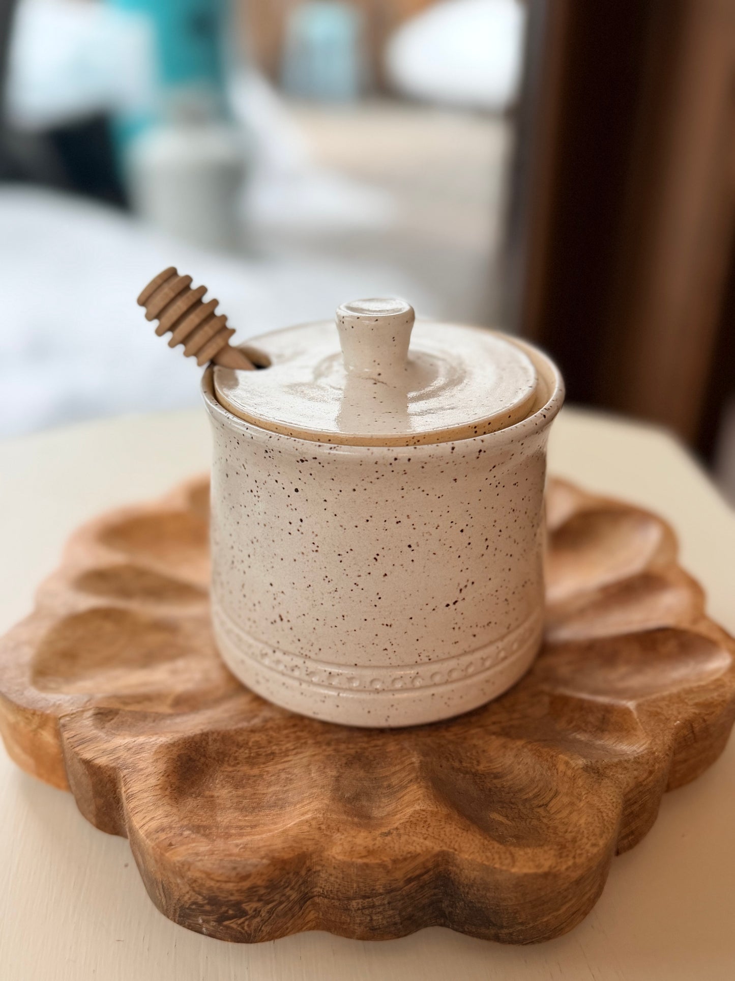 Carved Speckled Honey Pot- Aqua