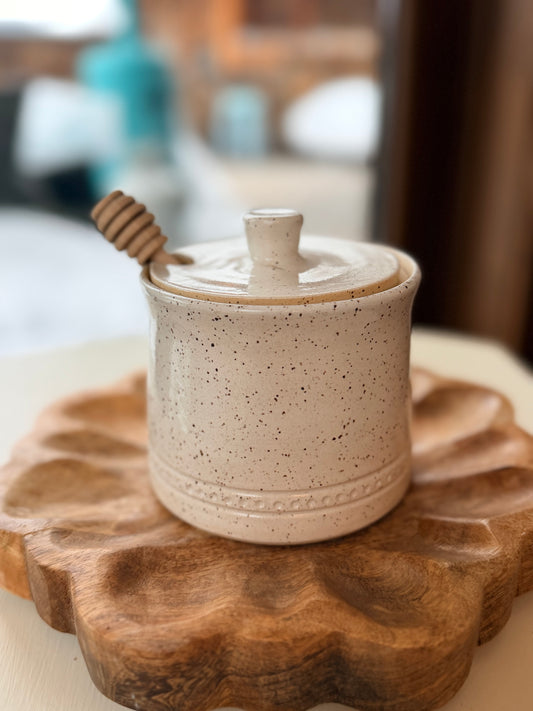 Carved Speckled Honey Pot- Aqua
